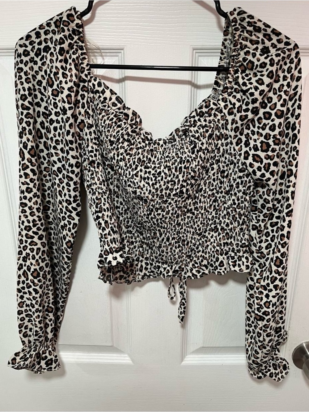 Leopard Print Ruffle Front String Crop Top - Brown/Black